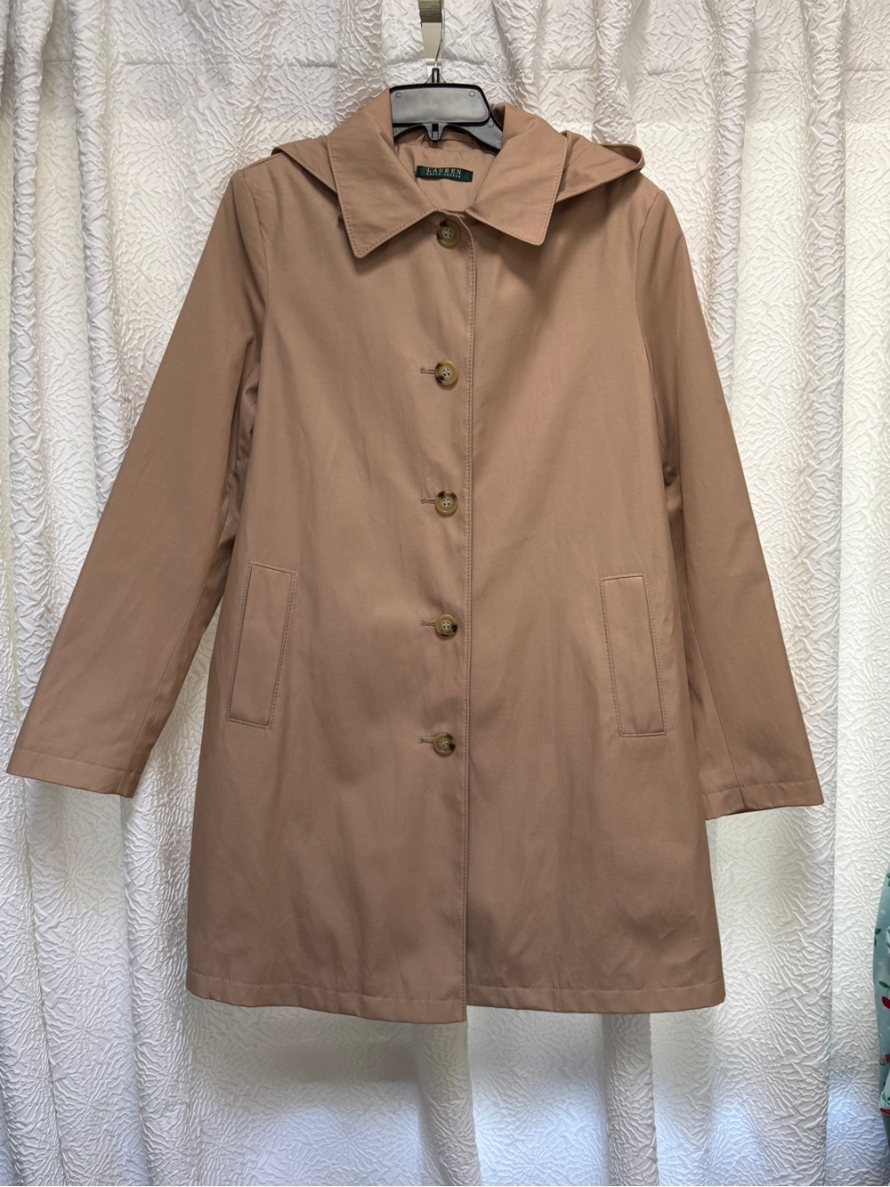 Lauren Ralph Lauren Tan Hooded Trench Raincoat sz L